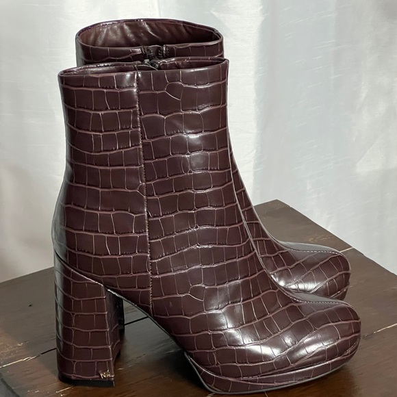 Rachel Zoe Deep Mahogany Croc Embossed Maya Platform Heeled Boots - Picture 3 of 13